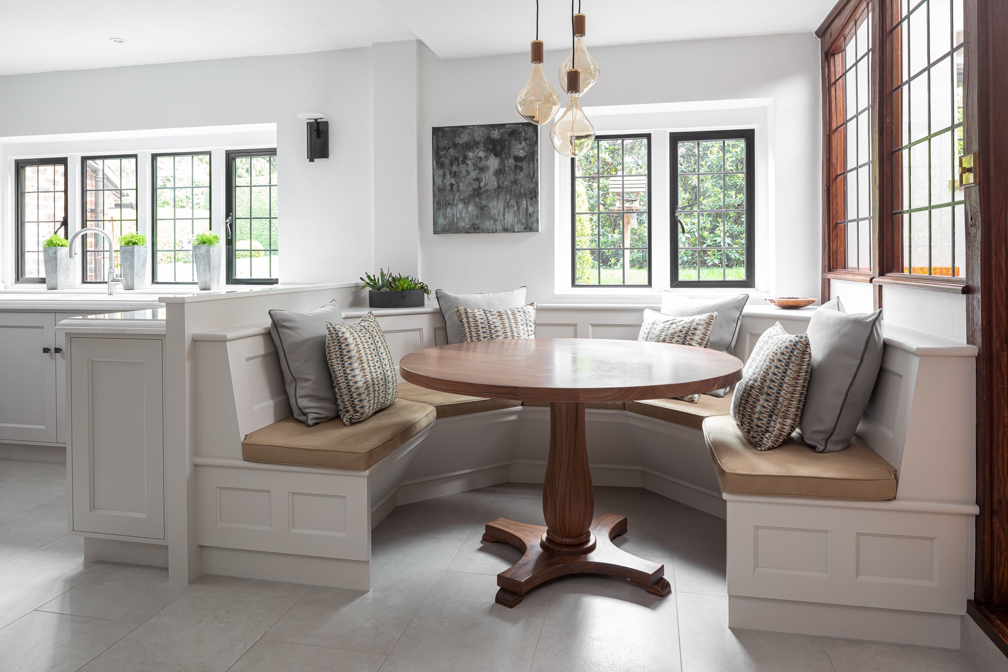 Breakfast nook kitchen seating with walnut table