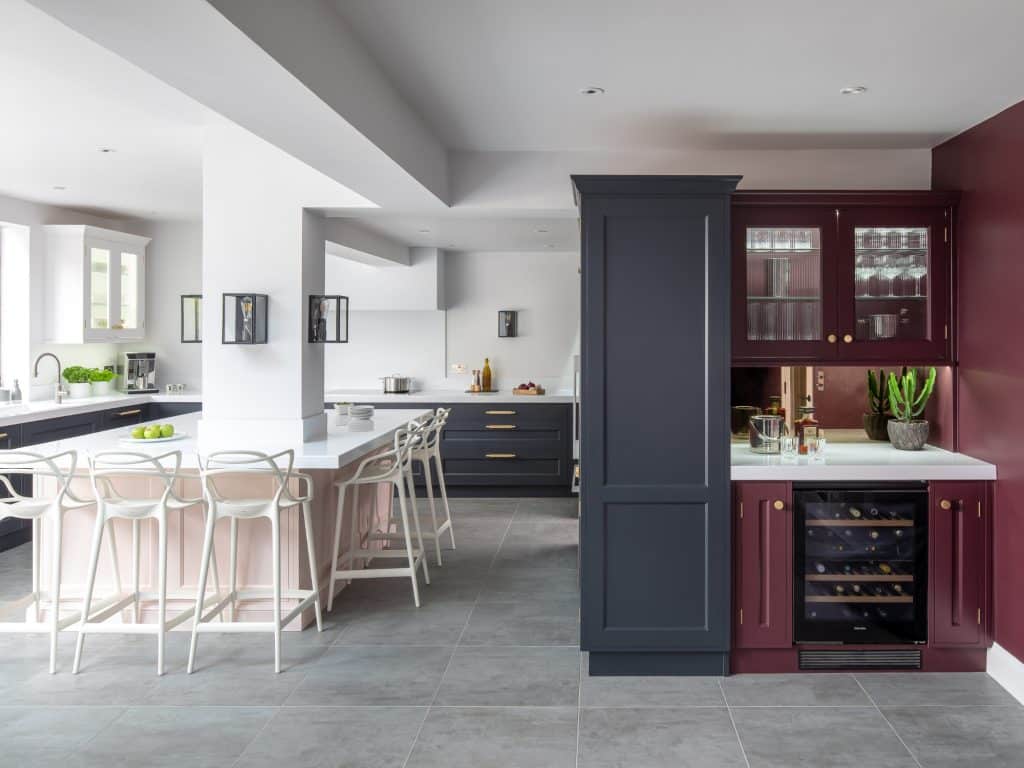 Pink Kitchen Island with zoned living and a beverage station.