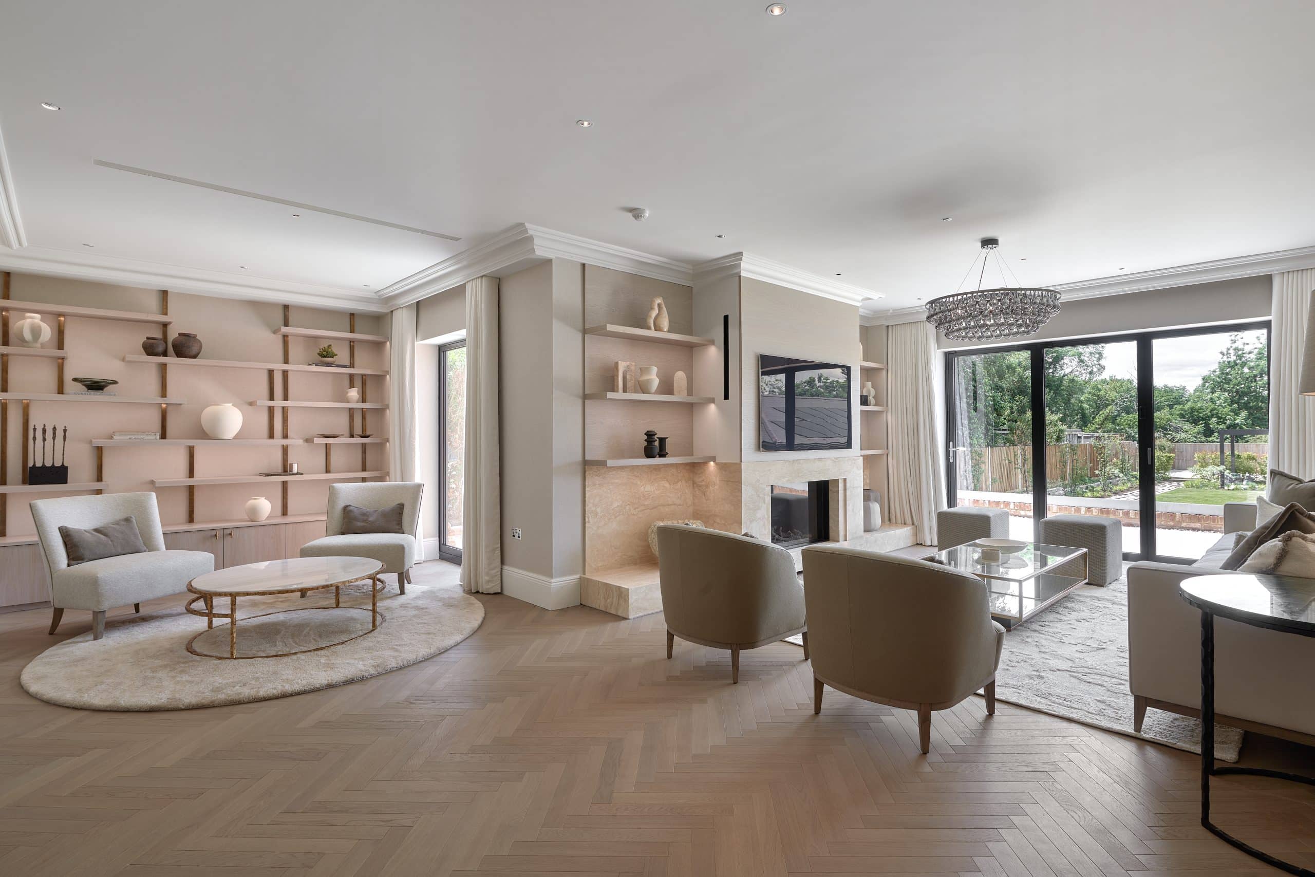 Luxury drawing room with bespoke shelving and lighting in Kent