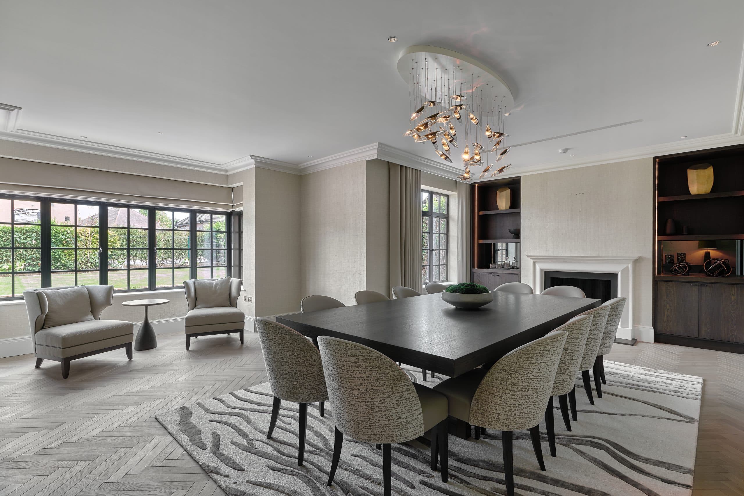 Luxury dining room with bespoke shelving and lighting in Kent